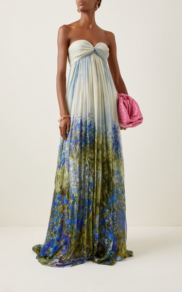 Floral Silk-Chiffon Strapless Gown