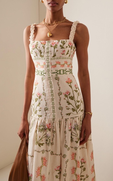 Nispero Embroidered Floral Linen Midi Dress