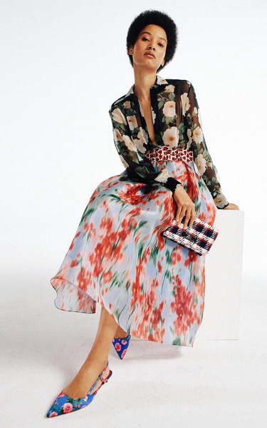 Floral Silk Chiffon Midi Skirt