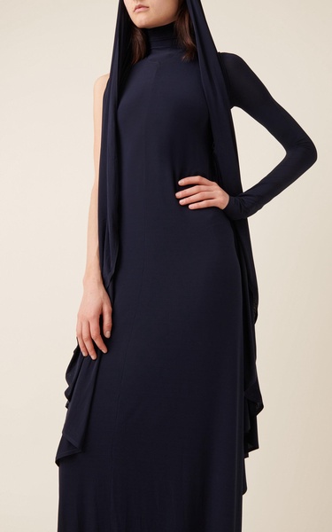 Hood-Detailed One-Shoulder Jersey Maxi Dress