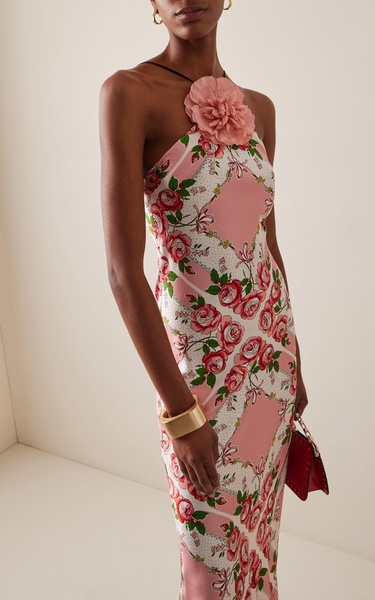 Floral-Detailed Rose-Printed Silk-Satin Slip Gown