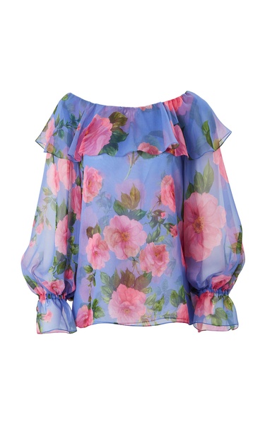 Ruffled Floral Silk Chiffon Top