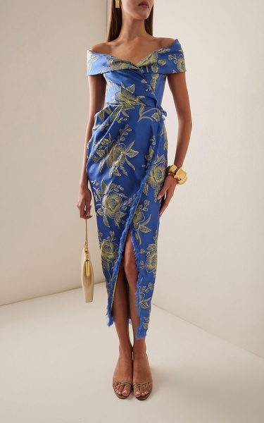 Off-The-Shoulder Floral-Satin Midi Wrap Dress