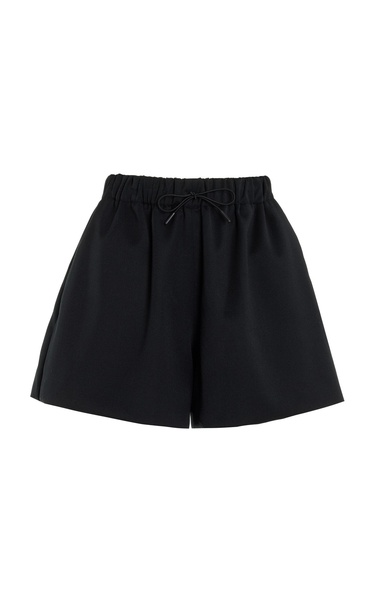 Faux Leather-Trimmed Wool-Blend Flared Shorts