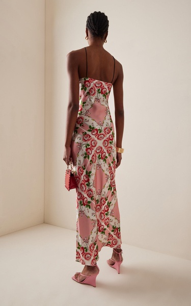 Floral-Detailed Rose-Printed Silk-Satin Slip Gown