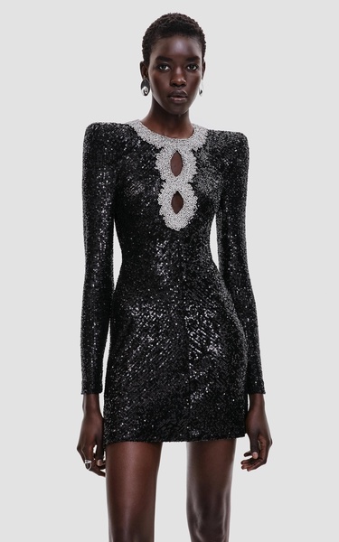 Embellished Cutout Stretch-Sequin Mini Dress