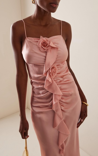 Flower-Detailed Ruched Silk-Satin Dress