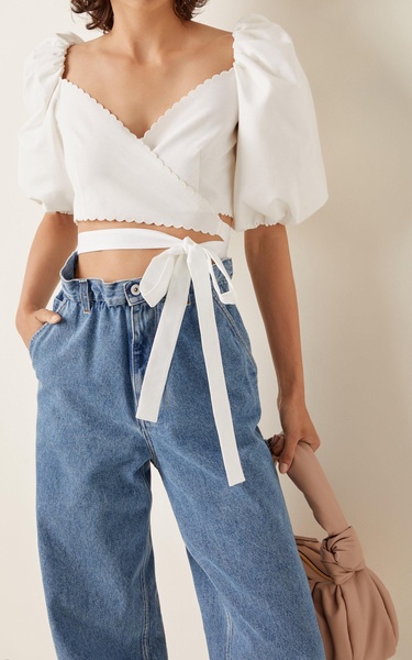 Puff-Sleeve Cotton Pique Cropped Wrap Top