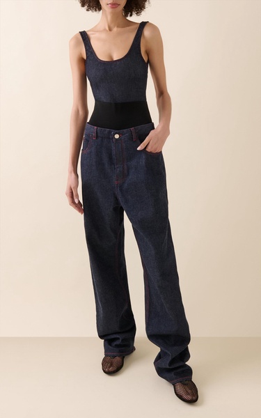 Knit-Band Stretch High-Rise Straight-Leg Jeans