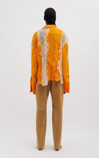 Crimped Lace-Detailed Button-Up Shirt