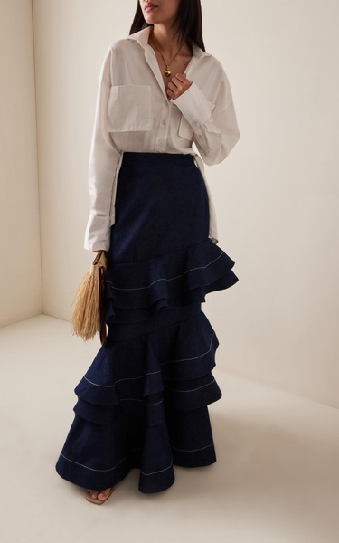 Mi Memoria Ruffled Denim Maxi Skirt