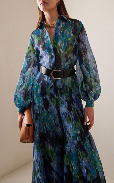 Puff-Sleeve Floral Silk Chiffon Shirt