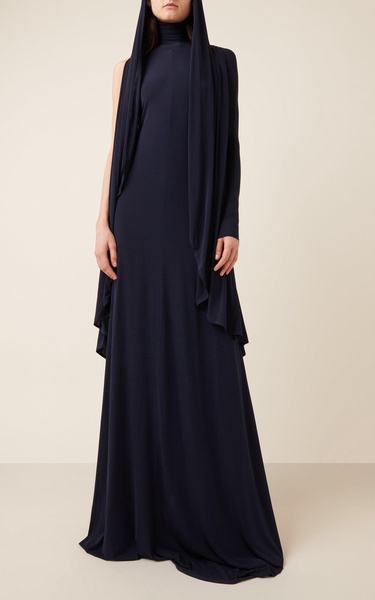 Hood-Detailed One-Shoulder Jersey Maxi Dress