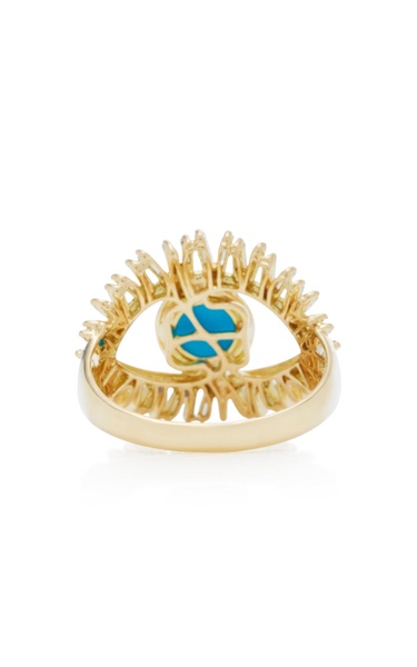 18K Yellow Gold, White Diamond and Turquoise Evil Eye Ring