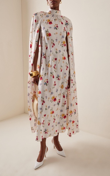 Tulip-Printed Silk-Satin Cape Dress