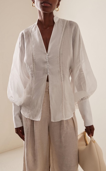 Rocas Del Mar Puff-Sleeve Linen Blouse