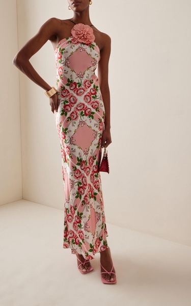 Floral-Detailed Rose-Printed Silk-Satin Slip Gown