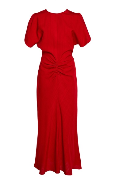 Gathered Puff-Sleeve Crepe Midi Dress