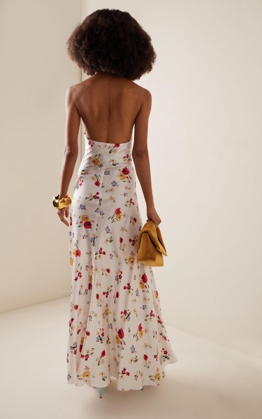 Floral-Detailed Tulip-Print Silk-Satin Halter Dress