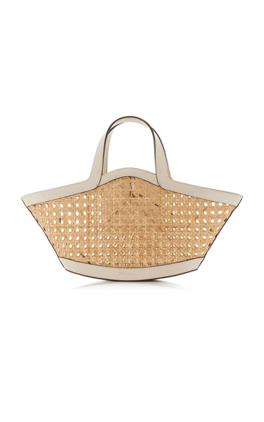 Yara Mini Leather-Trimmed Woven Rattan Tote