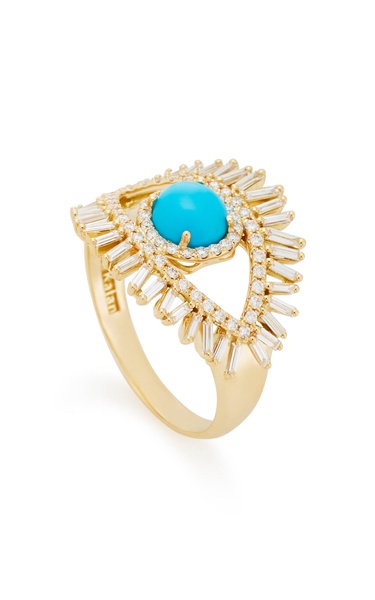 18K Yellow Gold, White Diamond and Turquoise Evil Eye Ring