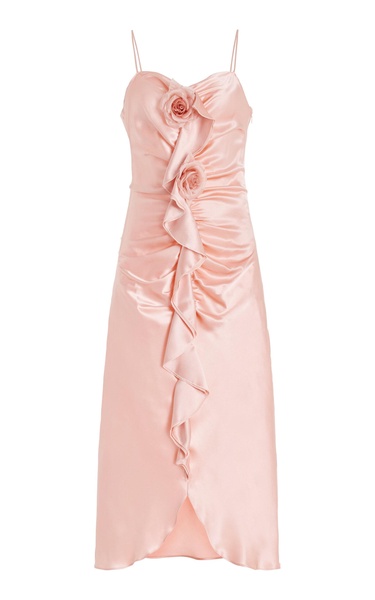 Flower-Detailed Ruched Silk-Satin Dress