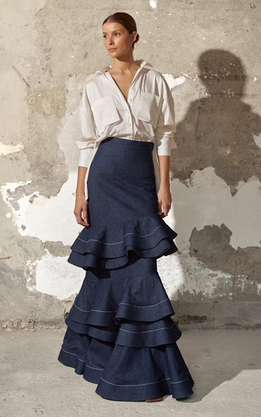 Mi Memoria Ruffled Denim Maxi Skirt