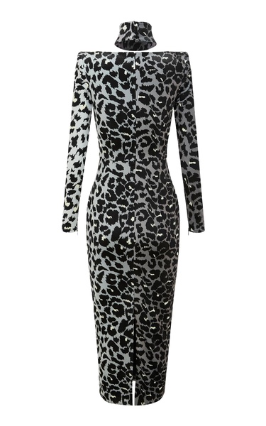 Leopard Printed Velvet Midi Dress With Neck Cuff