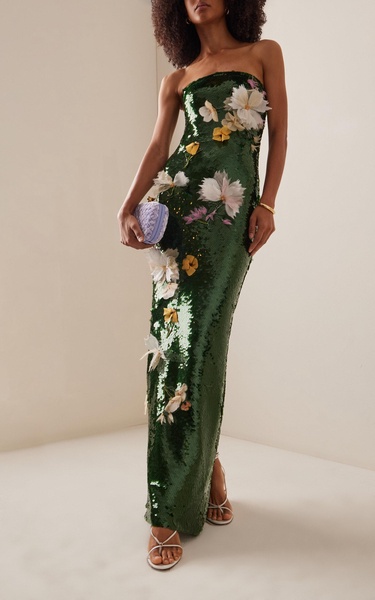 Flower-Embellished Sequined Gown