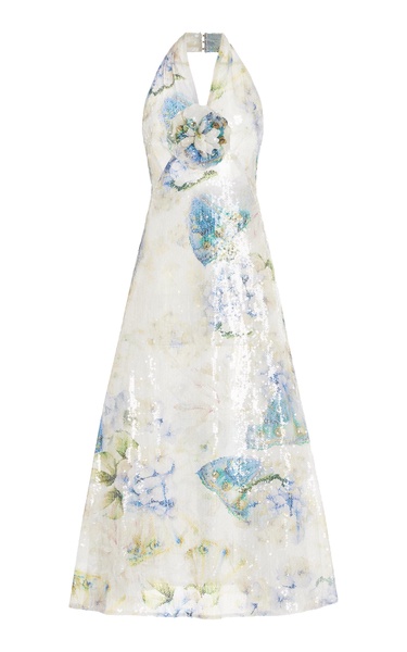 Flower-Detailed Sequined Floral Halter Dress