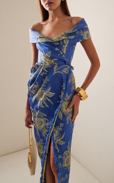 Off-The-Shoulder Floral-Satin Midi Wrap Dress