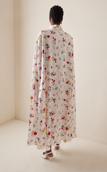 Tulip-Printed Silk-Satin Cape Dress