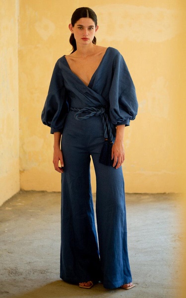 De Hamel Belted Puff-Sleeve Linen Jumpsuit