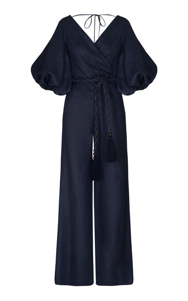 De Hamel Belted Puff-Sleeve Linen Jumpsuit