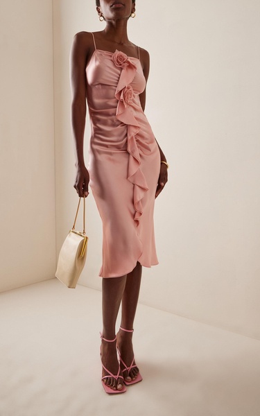 Flower-Detailed Ruched Silk-Satin Dress