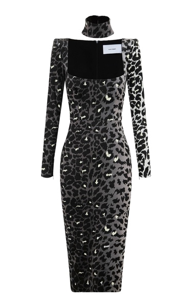 Leopard Printed Velvet Midi Dress With Neck Cuff