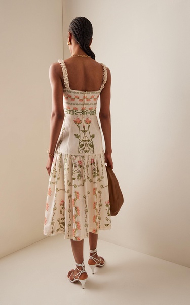 Nispero Embroidered Floral Linen Midi Dress