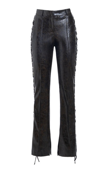 Lace-Up Vegan Leather Flared Pants