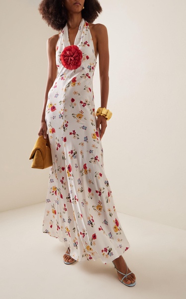 Floral-Detailed Tulip-Print Silk-Satin Halter Dress