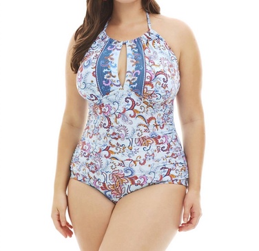 daydreamer paisley high neck one piece swimsuit - plus size in kkc daydreamer paisley