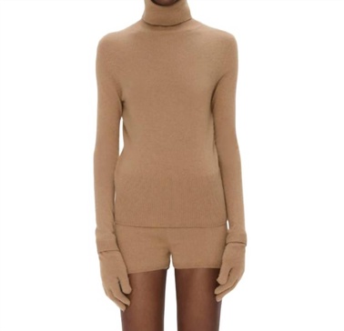 dita cashmere turtleneck sweater w/ gloves in camel melange