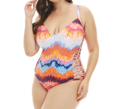 plus size macrame side plunge one piece swimsuit in kkc tidal wave