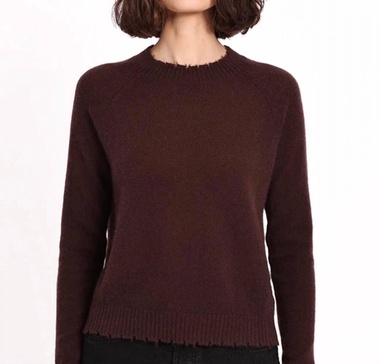 cashmere frayed edge cropped sweater in chocolate