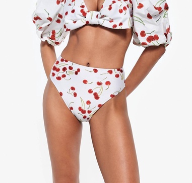 cherry bomb puff-sleeved bikini top in off white