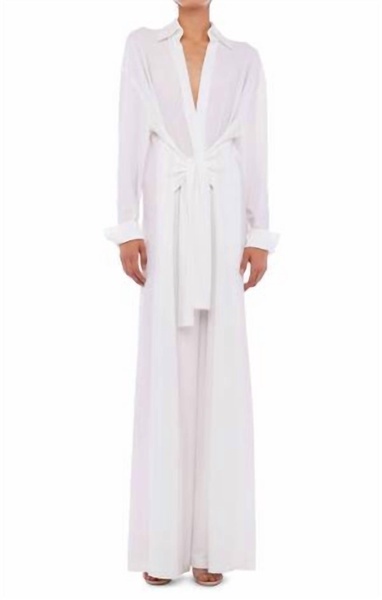 oversized ty front nk shirt jumpsuit in white