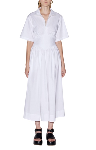 zip up gathered yoke dress in white