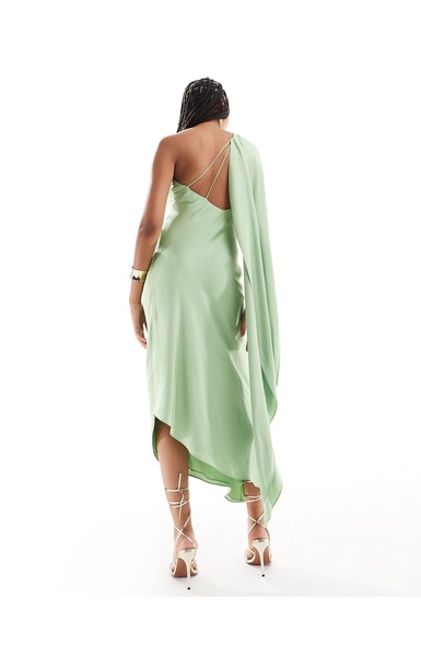 Mango one shoulder drape satin midi dress in light green