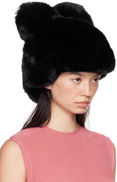 Black Fluffy Bow Faux-fur Hat