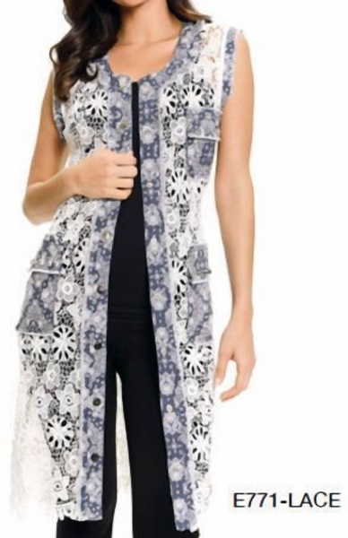 lace and denim long vest in white