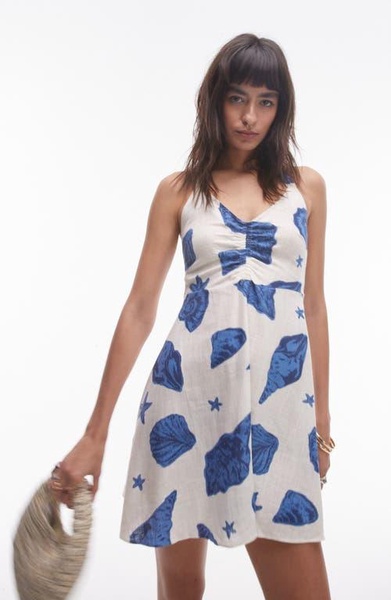 Topshop halter neck mini dress in blue shell print